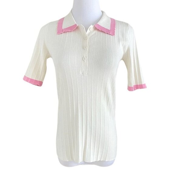 NWT GREYLIN BRUNA SWEATER KNIT SCALLOP TOP IN IVORY WHITE & PINK - S - Picture 2 of 9